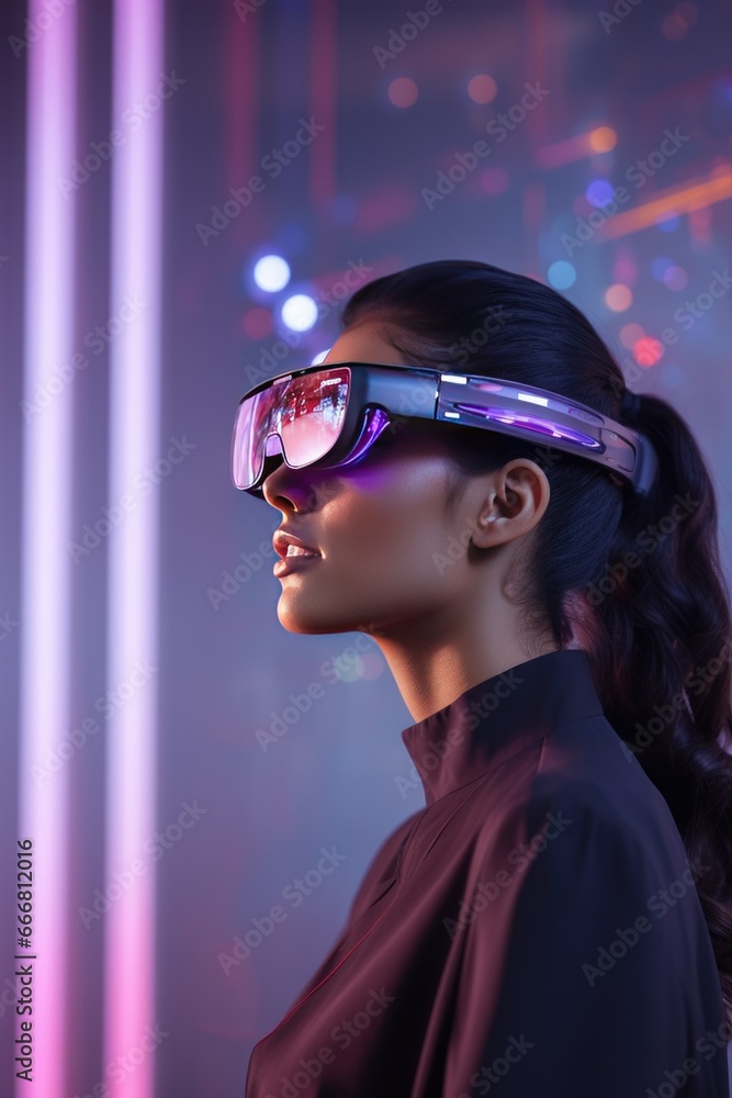 Woman in glasses of augmented computer reality. smart glasses virtual reality. concept. VR.
futurestic Woman in glasses of augmented computer reality. smart glasses virtual reality. concept. VR.
futurestic