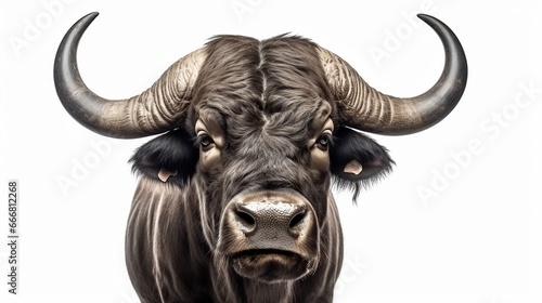 Big old Cape Buffalo Bull isolated white background. AI generated image
