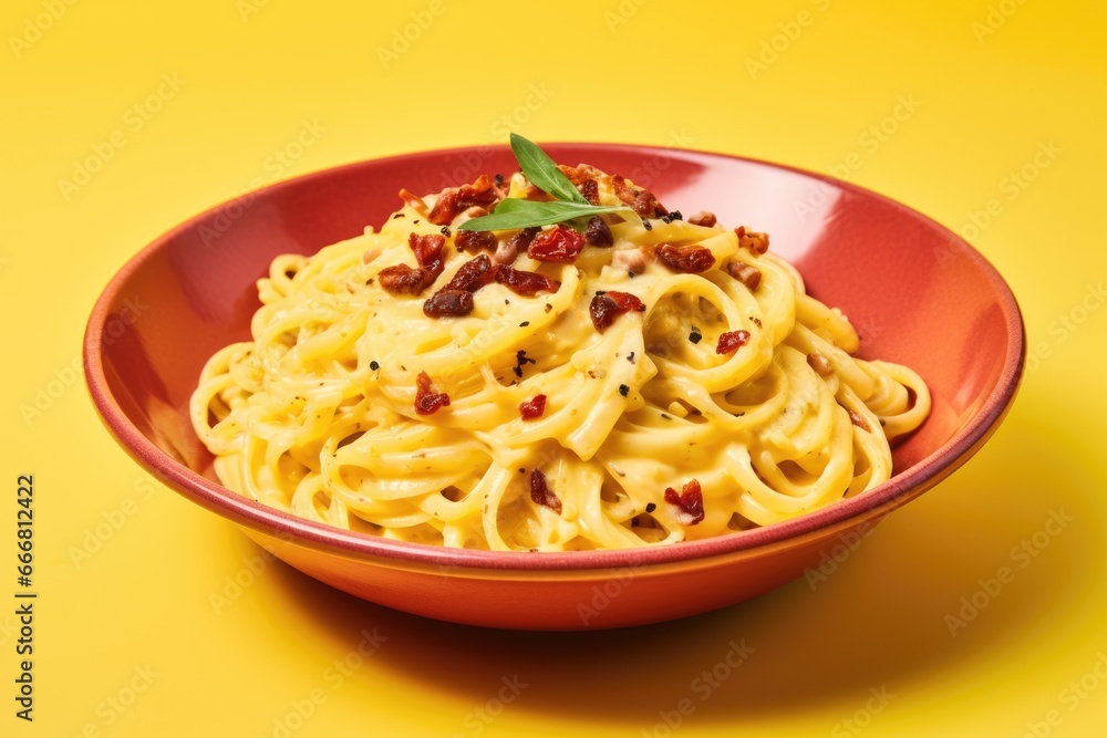 Spaghetti Carbonara with Creamy Sauce - A Gourmet Italian Pasta Dish Bursting with Flavor, Complemented by Bacon, Eggs, and Parmesan on a Vibrant Yellow Background