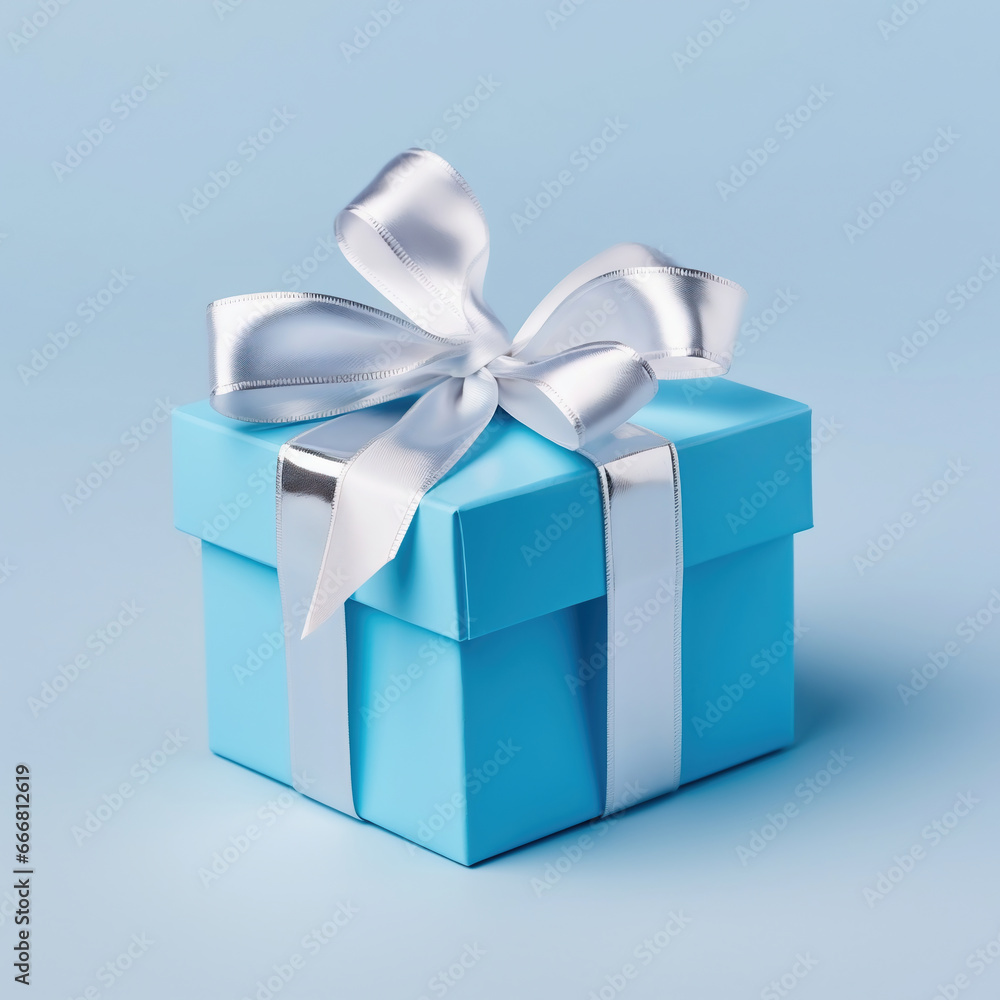 Blue gift box with bow on blue background. 3d rendering.Copy space. Gift concept. Blue gift box with bow on blue background. 3d rendering.Copy space. Gift concept.
