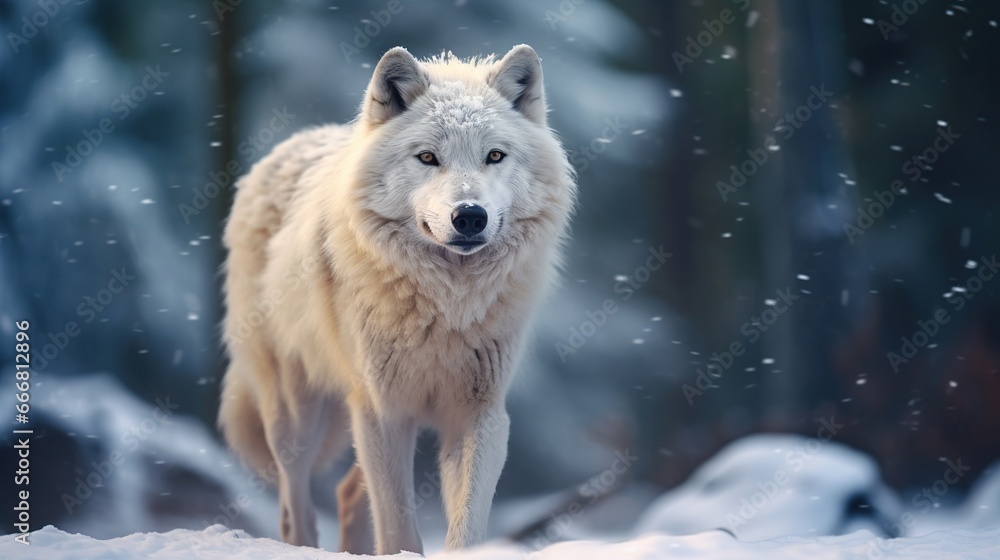 Wild white wolf in snow blurred background. AI generated image