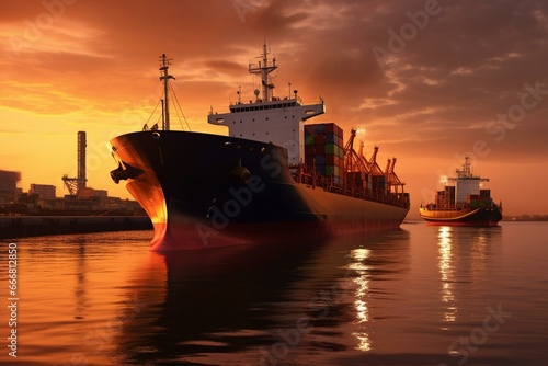 A huge ship in the harbor, loading crops at sunrise for overseas shipment on the ocean. Generative AI © Calantha