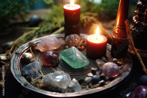 Minerals amulet and candles close up on dark natural background