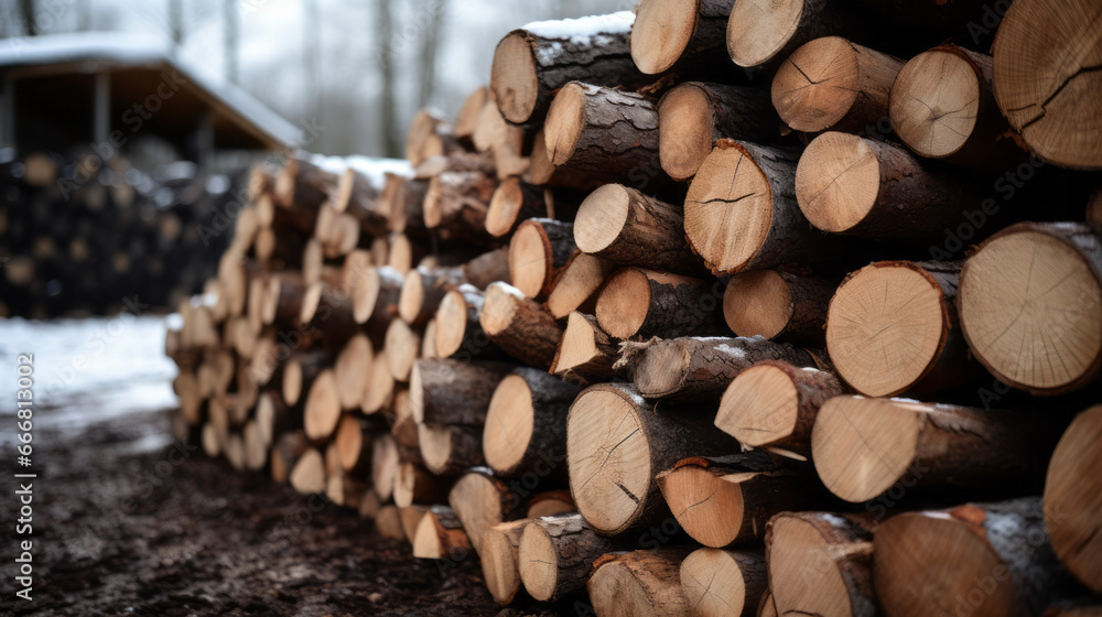 A stack of firewood in a snowy landscape A stack of firewood in a snowy landscape