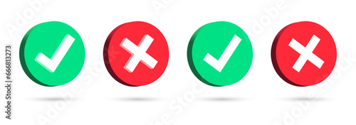 3d check mark icon set. check box icon with right and wrong 3d button and yes or no checkmark icons in green tick box and red cross. vector illustration