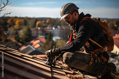 Safety First, Construction Worker Secures Roof Structure with Seat Belt while Installing Concrete Roof Tiles
