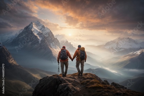 Two hikers on a mountain peak at sunrise or sunset. They are holding hands and looking out at the view of the snow-capped mountains and the cloudy sky. Teamwork Concept 