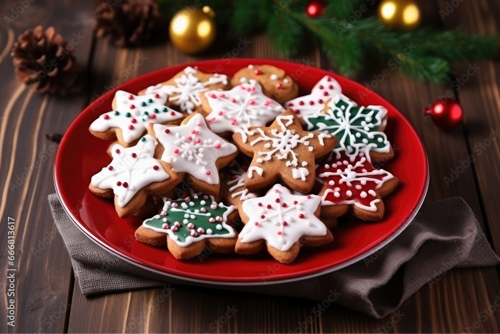 Plate with tasty Christmas cookies on wooden table Plate with tasty Christmas cookies on wooden table