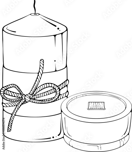 Handmade pillar candle tied with rope and candle in a glass jar. Spa aromatherapy candle. Close up black outline design element. Vector illustrations in hand drawn sketch style isolated on white.
