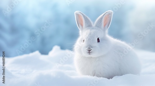 White rabbit is sitting on snow blurred background. AI generated image