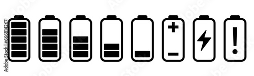 Battery capacity black icons set. Isolated battery charge indicator, vertical status symbols on white background. Battery level, empty, full, loading, charging. Vector icons eps10.
