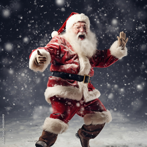 Portrait of Santa Claus dancing in the snow 
