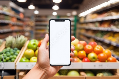 hand of a man holding a modern smartphone with a white screen against the background of fruits and vegetables on the shelves of a supermarket. business and technology concept