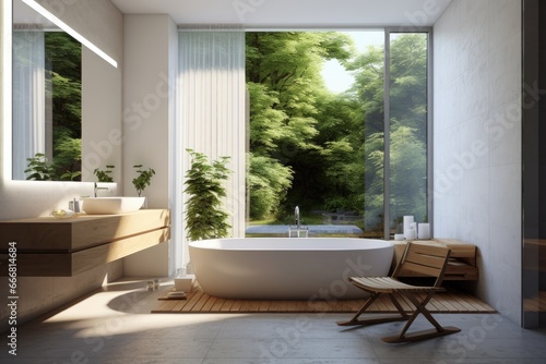 Luxurious bathroom interior with bathtub and beautiful view