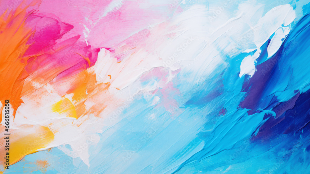 A vibrant and colorful abstract artwork with a mix of blue, pink, yellow, and orange