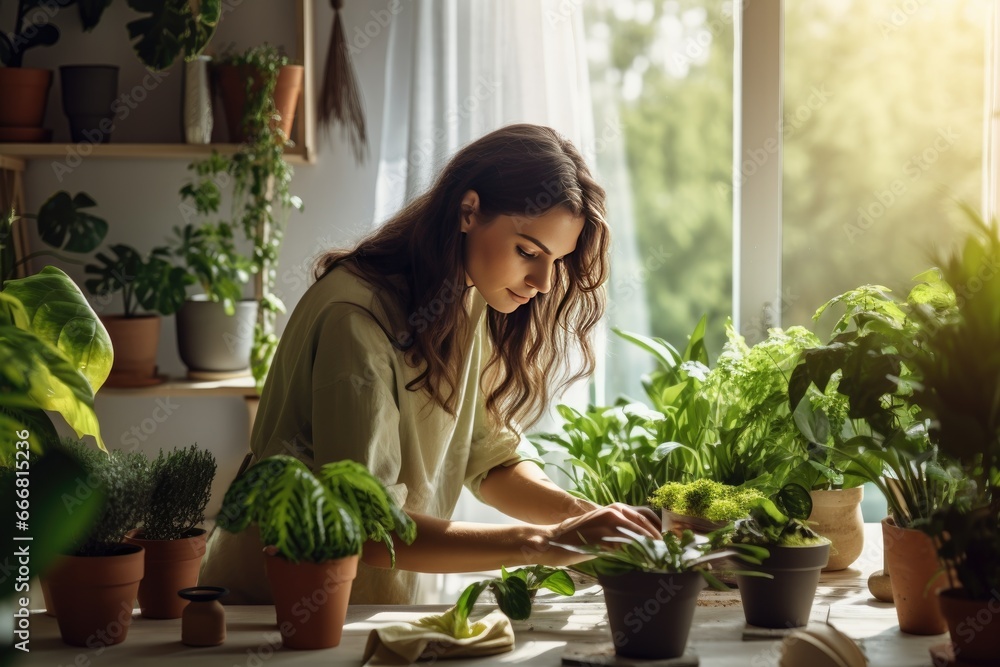 Young woman caring for plants at home. Home gardening, watering plants, freelancing Young woman caring for plants at home. Home gardening, watering plants, freelancing