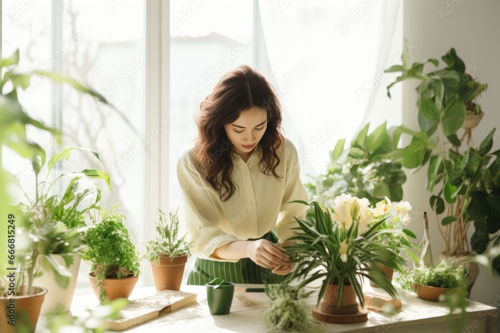Young woman caring for plants at home. Home gardening, watering plants, freelancing