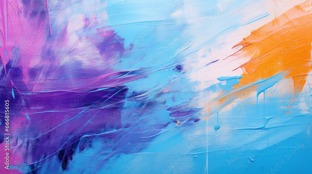 A vibrant and colorful abstract artwork with a mix of blue, pink, and orange hues