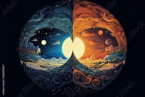 Concept of day and night cycle, depicting the transition from morning to dawn and moon to sun. Symbolizes the circle of life. Generative AI