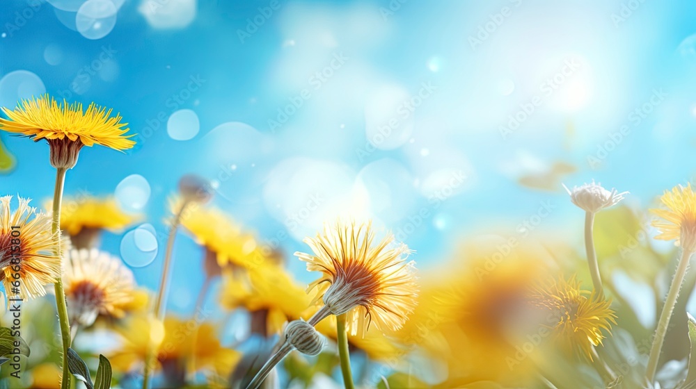 Spring background with flowers and dandelions, blurred bokeh. Generation AI
