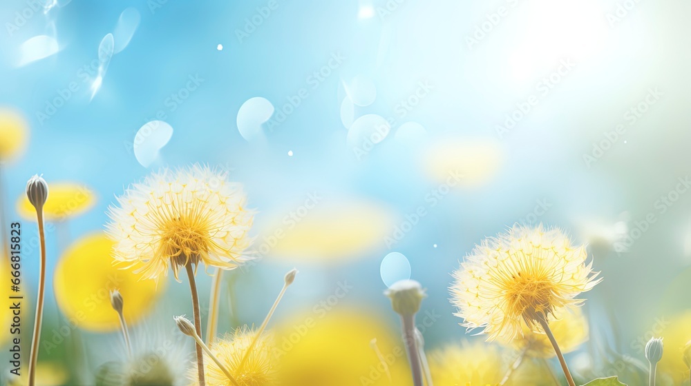 Spring background with flowers and dandelions, blurred bokeh. Generation AI