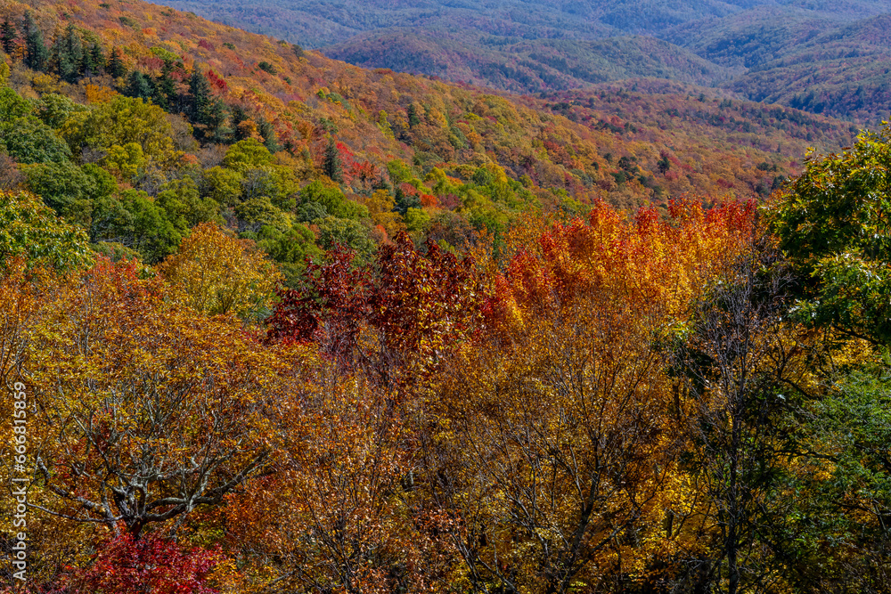 Aerial View Of The Changing Of The Leaves In The North Carolina Mountains