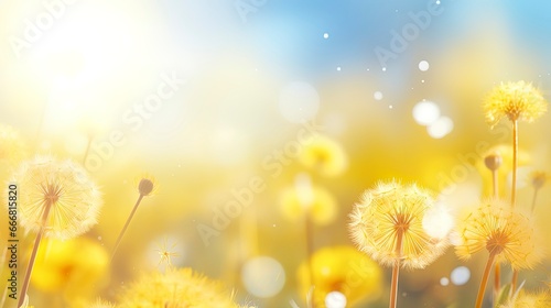 Spring background with flowers and dandelions  blurred bokeh. Generation AI