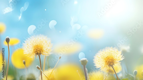 Spring background with flowers and dandelions  blurred bokeh. Generation AI