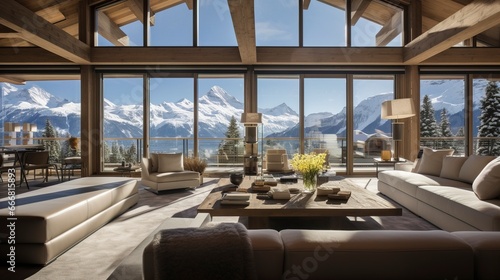 Spacious interior with large windows in a house in the mountains, in winter. Generation AI photo