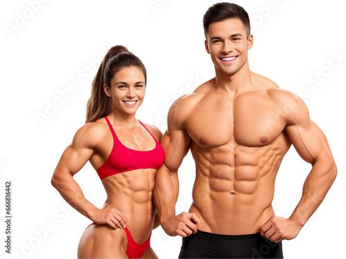 Man and woman bodybuilder posing on transparent background. Both individuals exhibit well-defined muscles, enhancing their fit physique. Generative AI