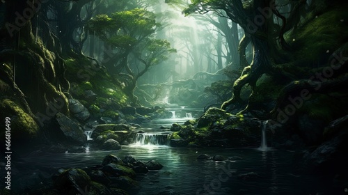 Fantasy forest landscape with a river. AI generation © Terablete