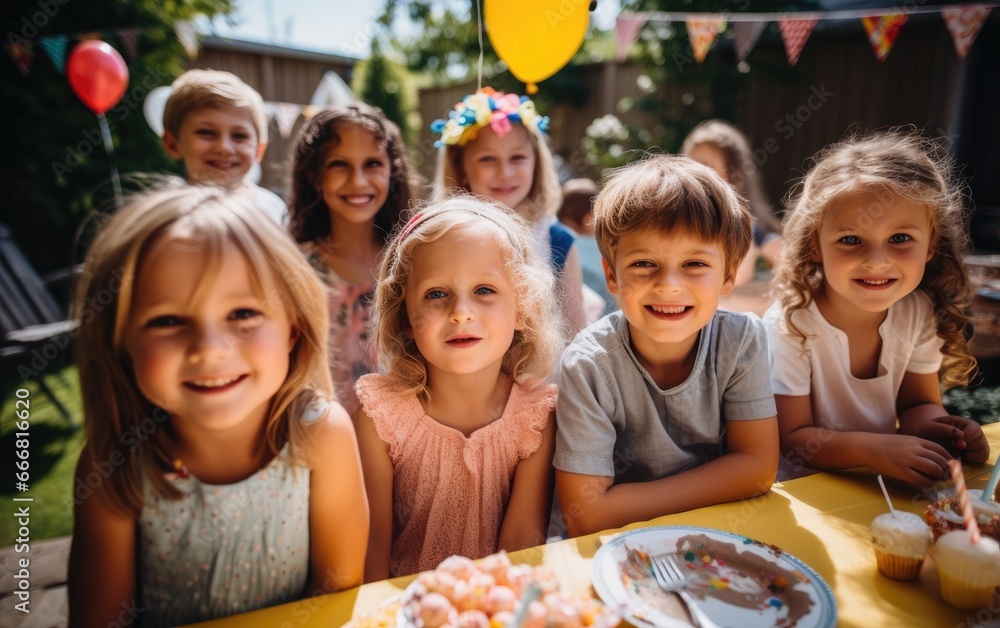 Fototapeta premium A group of kids at a backyard birthday party