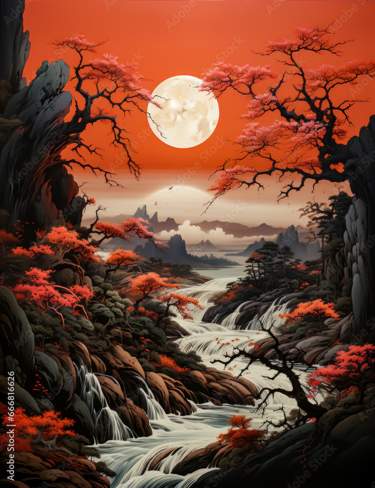 red tone painting of a japanese mount with a very large moon in the background, a river, red tone painting of a japanese mount with a very large moon in the background, a river,
