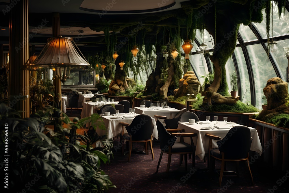 Obraz premium Ein elegantes Restaurant mit Pflanzen von innen
