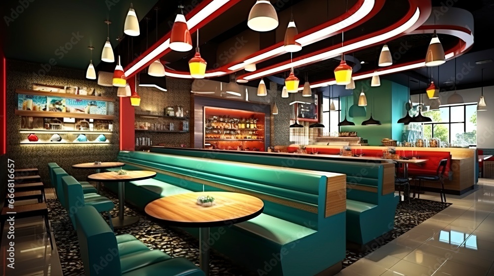 Fast food restaurant interior, futuristic interior, neon. Generation AI