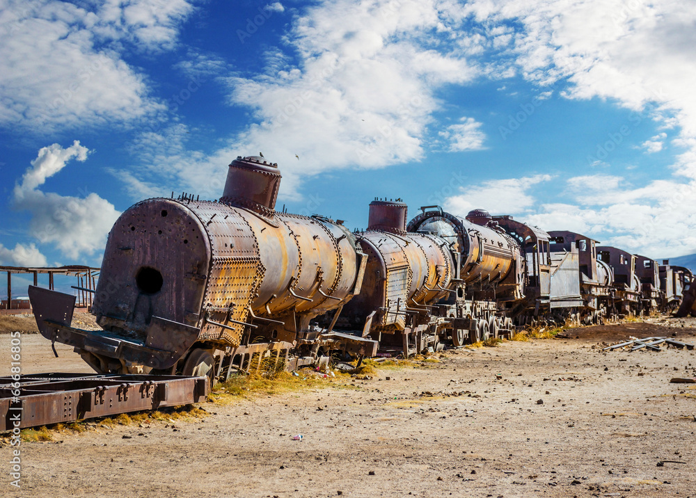 Old cemetery of abandoned steam-powered trains, Uyuni, Bolivia Old cemetery of abandoned steam-powered trains, Uyuni, Bolivia