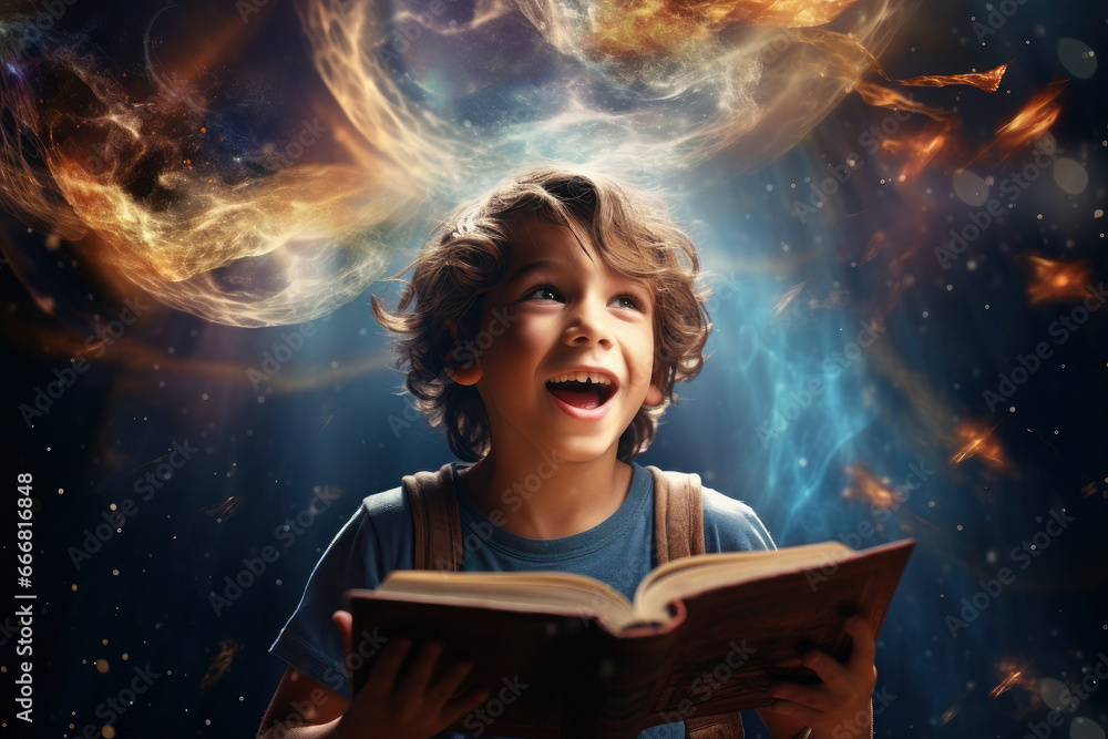 Fototapeta premium cheerful boy reads literature. magic and imagination from learning. is delighted with the training