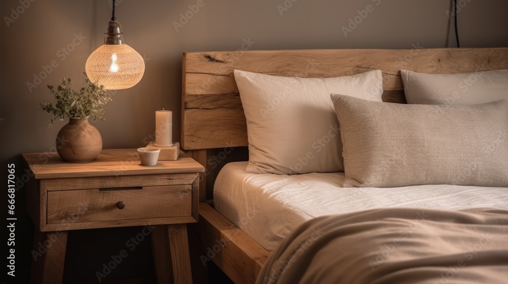 Bedside cabinet near bed. Rustic bedside cabinet near bed with beige pillows. Farmhouse interior design of modern bedroom - obrazy, fototapety, plakaty 