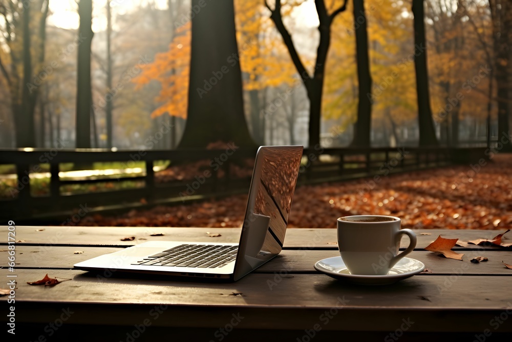 Laptop und Kaffeetasse im Stadtpark