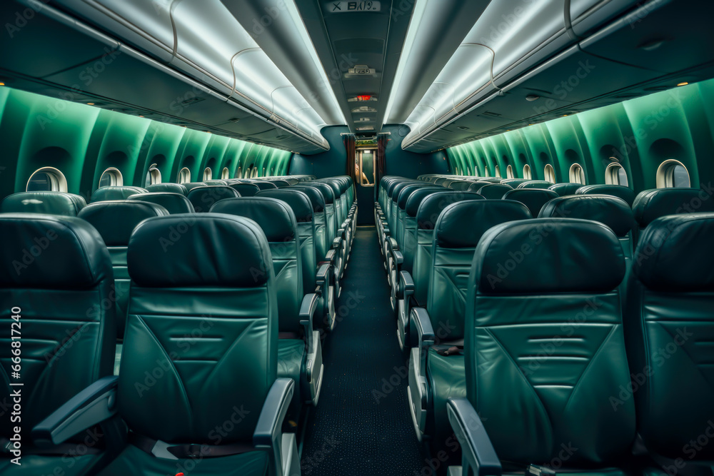 image of the interior of an airlines, center aisle image of the interior of an airlines, center aisle