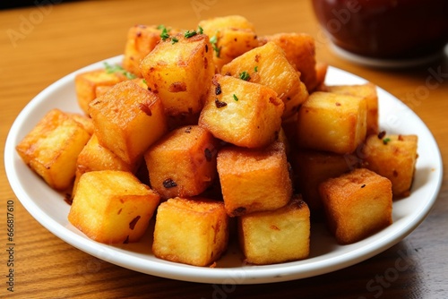 Yummy fried potato cubes. Generative AI