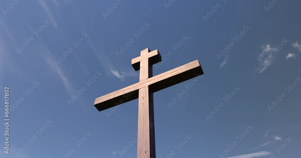 wooden christian cross on a blue sky background, wooden orthodox cross on a sky background with clouds wooden christian cross on a blue sky background, wooden orthodox cross on a sky background with clouds