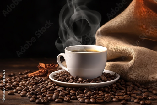 CUP OF STEAMING COFFEE ON COFFEE BEANS