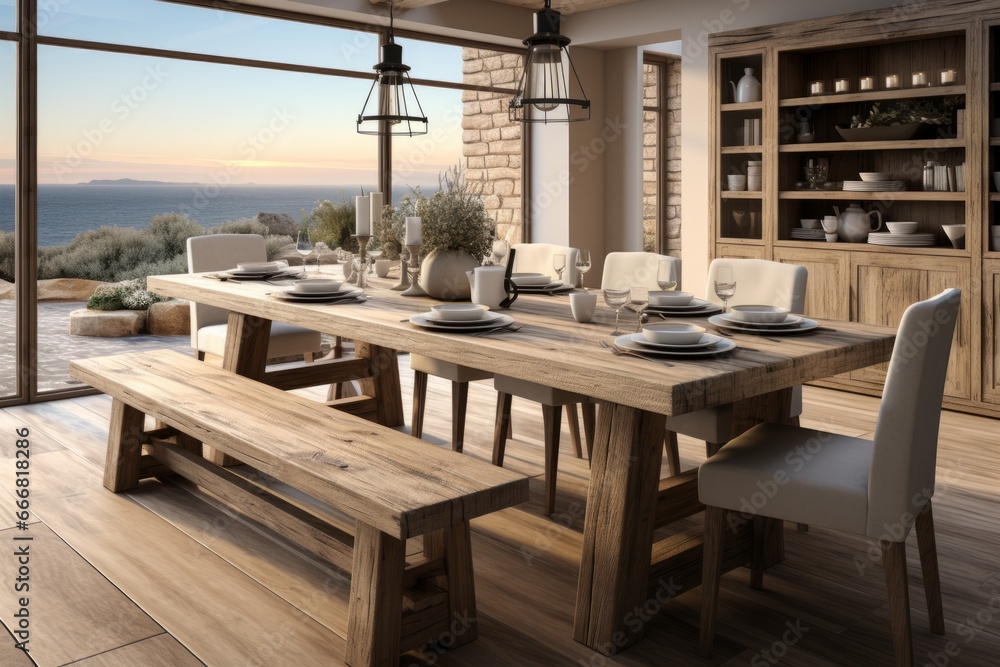 Modern Farmhouse Dining - Rustic Table and Bench in Warm and Welcoming Interior, Blending Traditional Charm with Contemporary Living