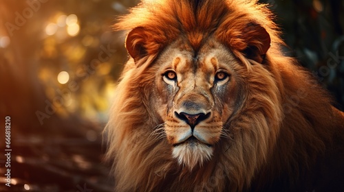 Wild lion animal in blurred nature background. AI generated image © prastiwi