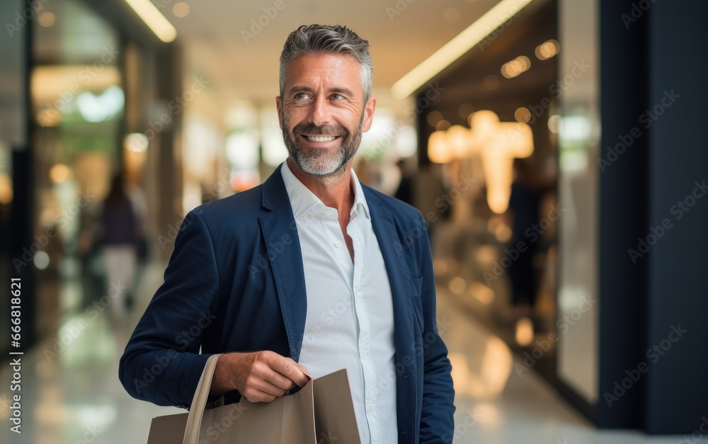 A man 40 years old is doing shopping in a shopping mall A man 40 years old is doing shopping in a shopping mall