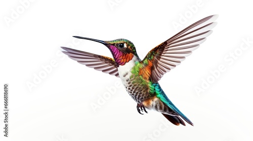 Beautiful flying Hummingbird on white background. AI generated image