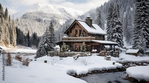 Wooden country chalet in the mountains in winter. Generation AI © MiaStendal