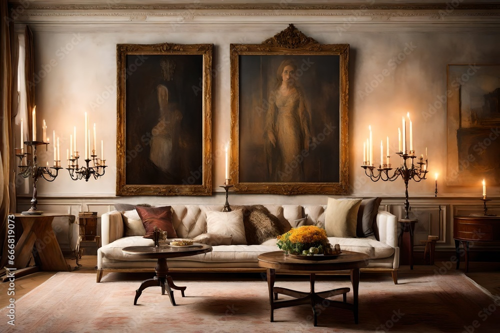 Fototapeta premium An evocative portrayal of a Canvas Frame for a mockup in an old living room, where candelabras with dripping wax offer an ambient glow, accentuating the room's bygone charm