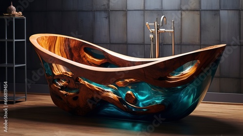 Abstract bathroom made of wood and epoxy resin. Generation AI
